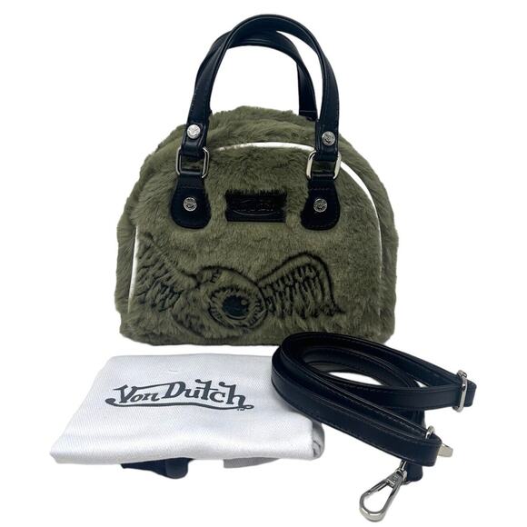 Von Dutch Women's Sage Green Vegan Furry Small Bowling Crossbody Hand Bag - Picture 2 of 12